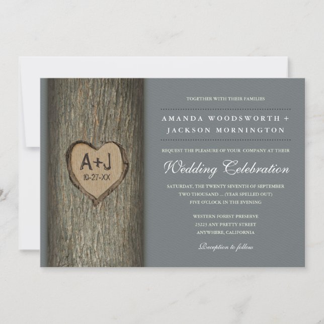 Carved Initials Heart Oak Tree Wedding Invitations (Front)
