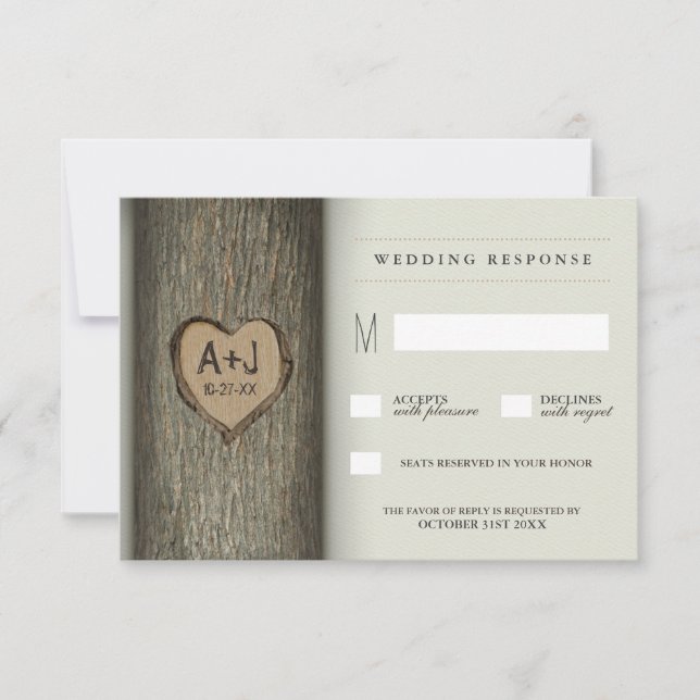 Carved Initials Heart Oak Tree Wedding RSVP Cards (Front)