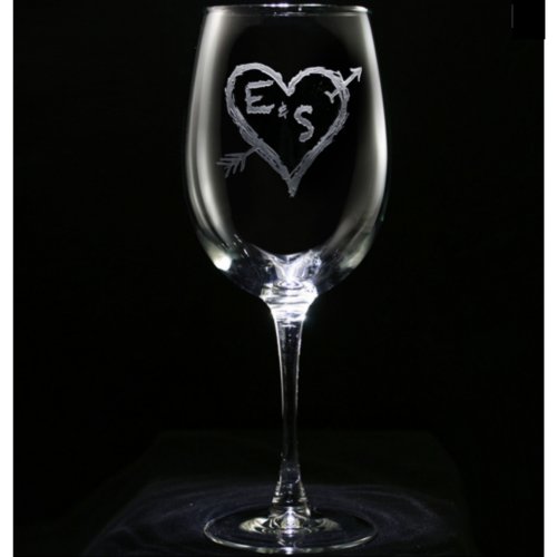 Carved Initials in Heart With Arrow Wine Glass