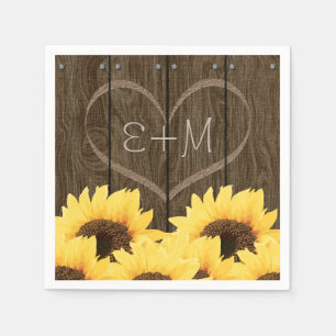 CARVED INITIALS INSIDE HEART RUSTIC SUNFLOWER PAPER NAPKINS