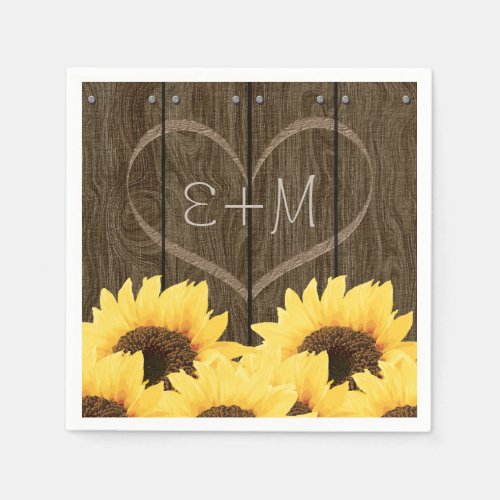 CARVED INITIALS INSIDE HEART RUSTIC SUNFLOWER PAPER NAPKINS