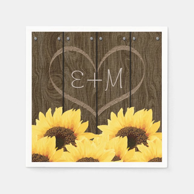 CARVED INITIALS INSIDE HEART RUSTIC SUNFLOWER PAPER NAPKINS (Front)