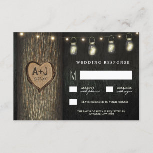Carved Initials Jars Oak Tree Wedding RSVP Cards