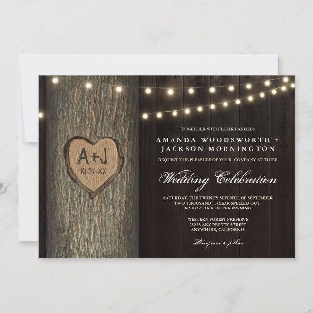 Carved Initials Old Oak Tree Wedding Invitations (Front)