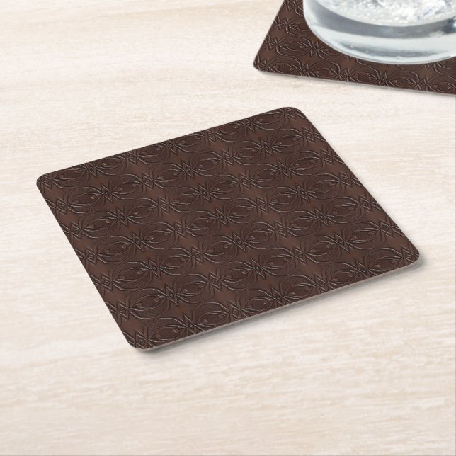 Carved Leather Look Brown Seamless Pattern Square Paper Coaster (Angled)