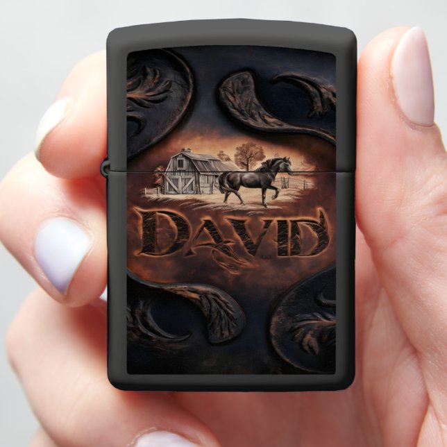 Carved Leather Sign With Horse and Barn Zippo Lighter (In Hand)