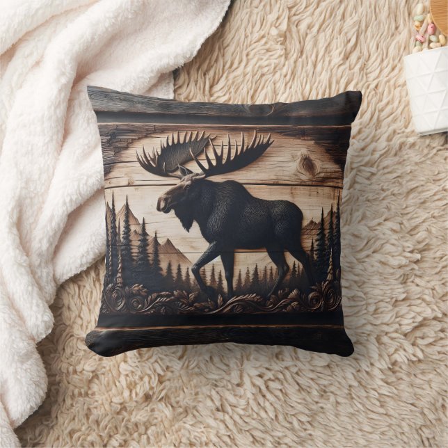 Carved Moose Design in Forest Setting Throw Pillow (Blanket)