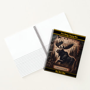 Carved moose in a forest at night with starry sky notebook