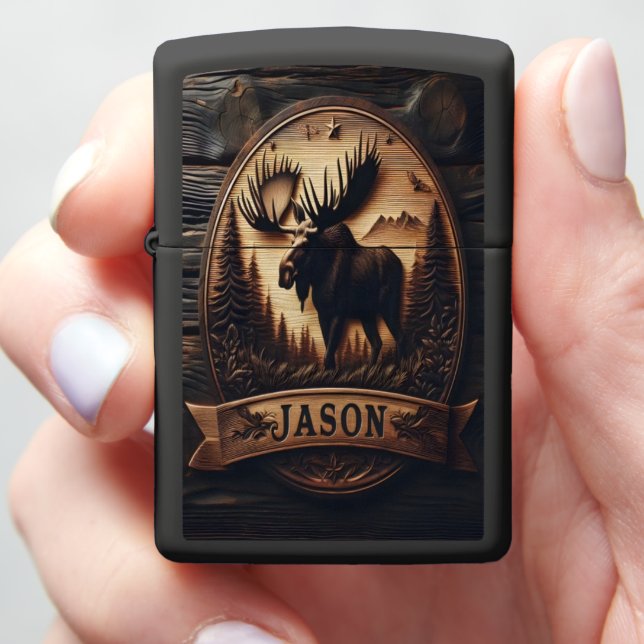 Carved Moose Sign With Name Zippo Lighter (In Hand)