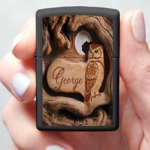 Carved Owl In Moonlight Zippo Lighter