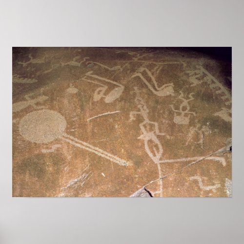 Carved petroglyph depicting figures poster