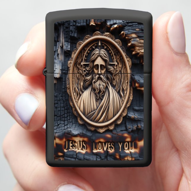Carved Portrait of Jesus in Burnt Wood Zippo Lighter (In Hand)