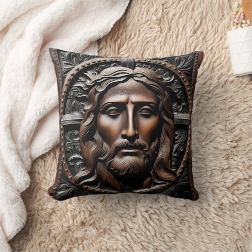 Carved Portrait of Jesus With Ornate Background Throw Pillow