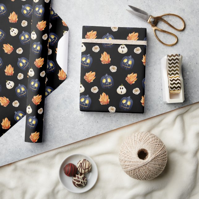 Carved Pumpkin Orange Crystals Roses Halloween Wrapping Paper (Crafts)