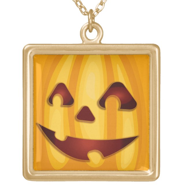 Carved pumpkin smiling Halloween design Gold Plated Necklace (Front)