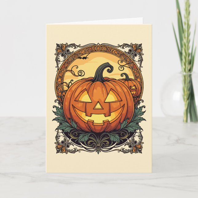 Carved Pumpkin With Decorative Border Holiday Card (Front)
