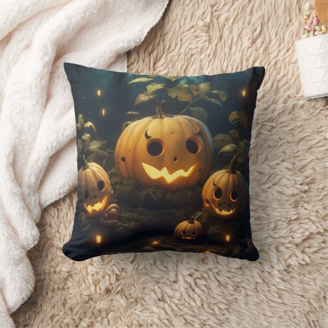 Carved Pumpkins in the Forest Throw Pillows (Blanket)
