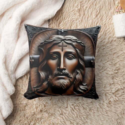 Carved Relief of Jesus With Crosses Background Throw Pillow