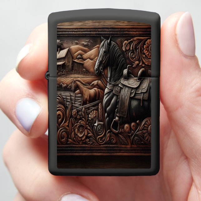 Carved Saddle Horse Zippo Lighter (In Hand)