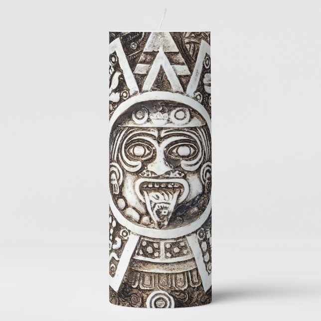 Carved Stone Mayan Aztec MesoAmerican Sun Calendar Pillar Candle (Front)