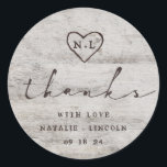Carved Sweethearts Birch Tree Wedding Thank You Classic Round Sticker<br><div class="desc">Carved Sweethearts Rustic Birch Wood with Aged Gray & Off White Birch Tree Bark Design, and a distressed patina weathered look. This reclaimed lumber design features the couple's initials carved into the heart shape within the tree. Also, distressed typography country chic fonts, along with an elegant vintage handwriting script font....</div>