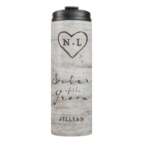 Carved Sweethearts Monogram Sister of the Groom Thermal Tumbler