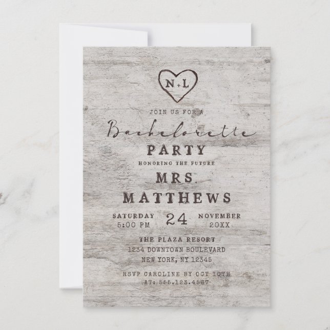 Carved Sweethearts Rustic Birch Bachelorette Party Invitation (Front)