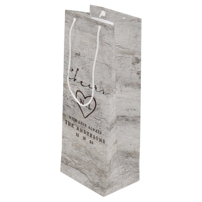 Carved Sweethearts Rustic Birch Cheers Wedding Wine Gift Bag (Back Angled)