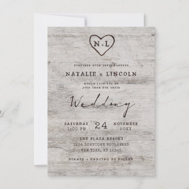 Carved Sweethearts Rustic Birch Monogram Wedding Invitation (Front)