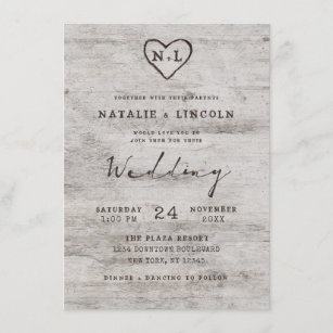 Carved Sweethearts Rustic Birch Monogram Wedding Invitation