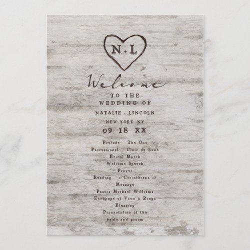 Carved Sweethearts Rustic Birch Wedding Ceremony Program