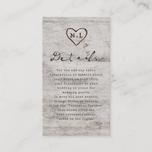 Carved Sweethearts Rustic Birch Wedding Details Enclosure Card