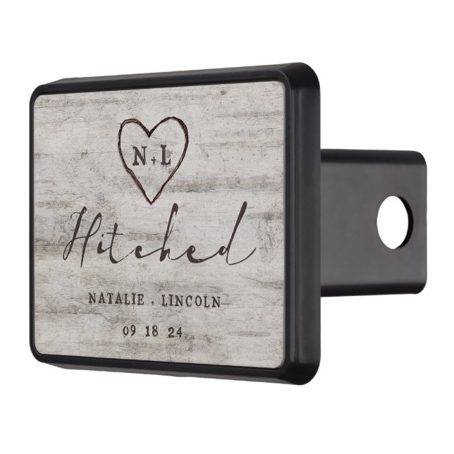 Carved Sweethearts Rustic Birch Wedding Hitched Hitch Cover (Left)