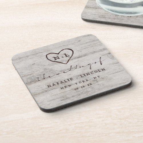 Carved Sweethearts Rustic Birch Wedding Monogram Beverage Coaster