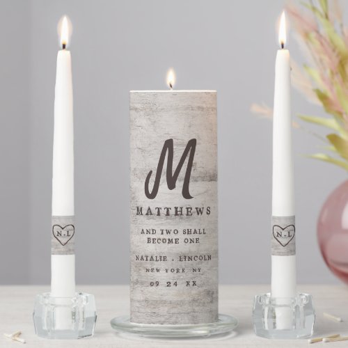 Carved Sweethearts Rustic Birch Wedding Monogram Unity Candle Set