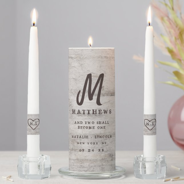 Carved Sweethearts Rustic Birch Wedding Monogram Unity Candle Set (In Situ)