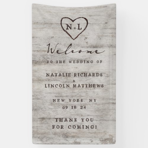 Carved Sweethearts Rustic Birch Wedding Welcome Banner