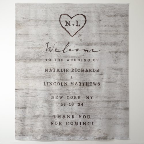 Carved Sweethearts Rustic Birch Wedding Welcome Tapestry