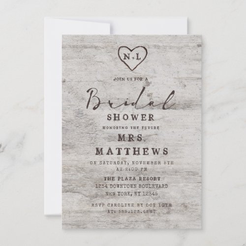Carved Sweethearts Rustic Birch Wood Bridal Shower Invitation