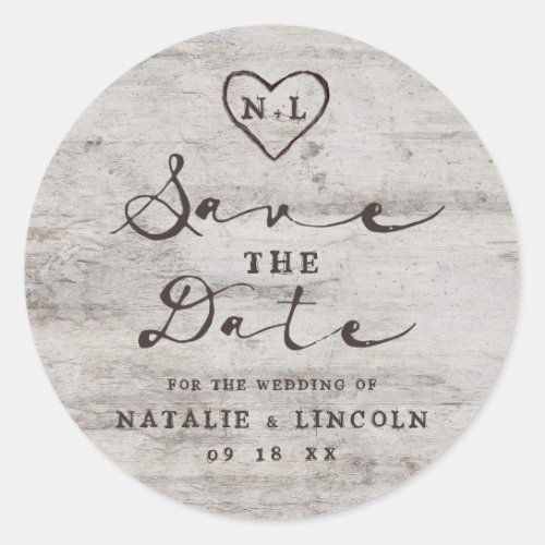Carved Sweethearts Rustic Birch Wood Save the Date Classic Round Sticker
