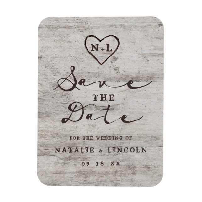 Carved Sweethearts Rustic Birch Wood Save the Date Magnet (Vertical)