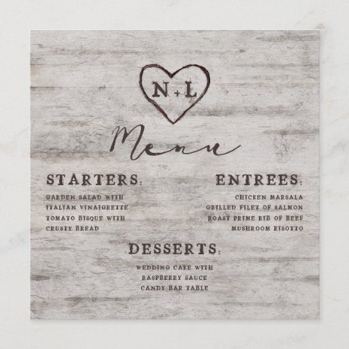Carved Sweethearts Rustic Birch Wood Square Dinner Menu