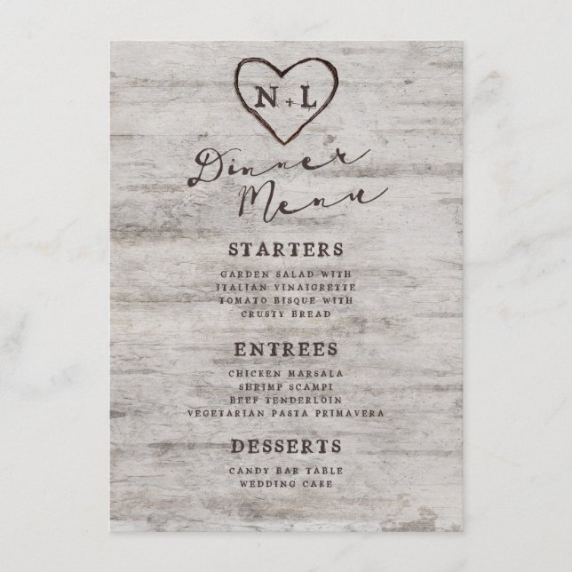 Carved Sweethearts Rustic Birch Wood Tree Dinner Menu (Front)
