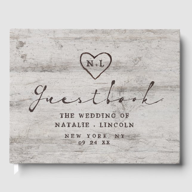 Carved Sweethearts Rustic Birch Wood Tree Wedding Guest Book (Front)