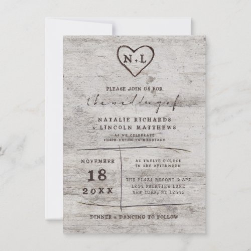 Carved Sweethearts Rustic Birch Wood Wedding Invitation