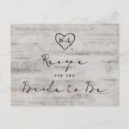 Carved Sweethearts Rustic Bride to Be Recipe Card
