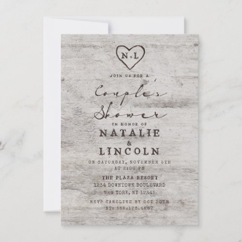 Carved Sweethearts Rustic Couples Wedding Shower Invitation