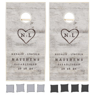 Carved Sweethearts Rustic Tree Wedding Monogram Cornhole Set