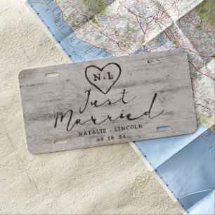 Carved Sweethearts Rustic Wedding Just Married License Plate