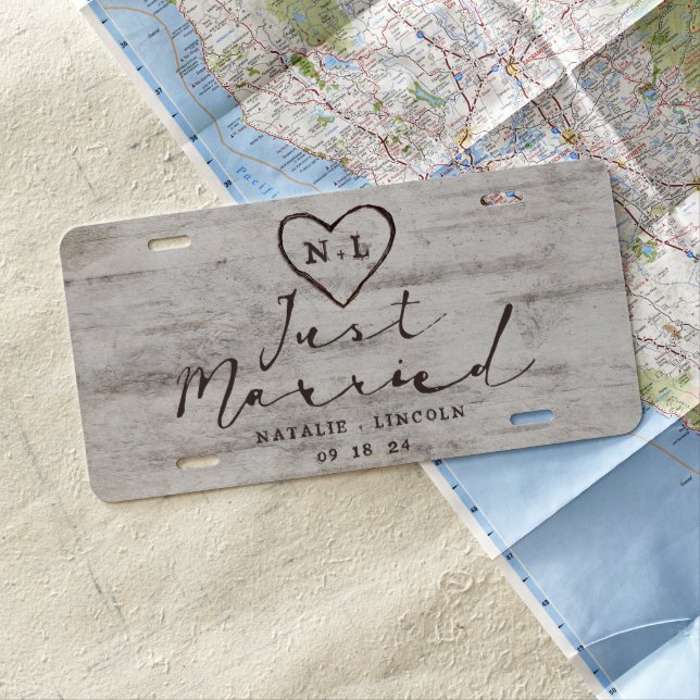 Carved Sweethearts Rustic Wedding Just Married License Plate (In Situ)